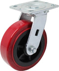 6 inch x 2 inch polyurethane non marking heavy duty swivel caster with red industrial wheel, side view showing mounting plate.