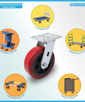6 inch x 2 inch polyurethane non marking heavy duty swivel casters with red industrial wheels, 4 pack rated for 3600 lb total load capacity close-up view.