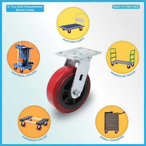 6 inch x 2 inch polyurethane non marking heavy duty swivel casters with red industrial wheels, 4 pack rated for 3600 lb total load capacity close-up view.