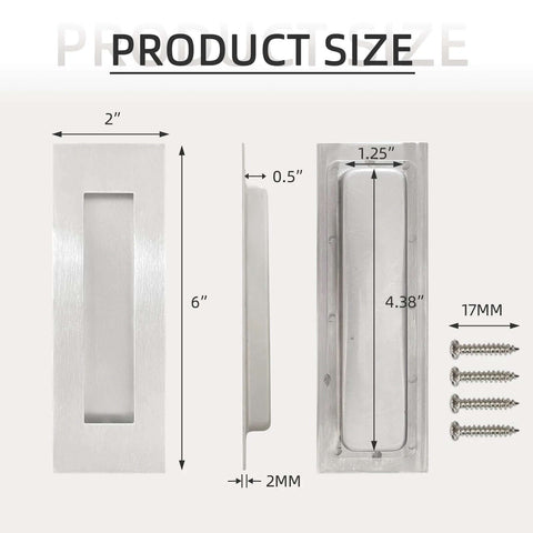 6 Inch Recessed Finger Flush Pulls For Pocket Doors Sliding Doors Closets And Barn Doors Hardware In Brushed Nickel Silver Made From 304 Stainless Steel With Moisture Proof And Rust Resistant Construction, Wear Resistant, Heavy Duty And Durable, 2 Pack, with dimensions and screws shown