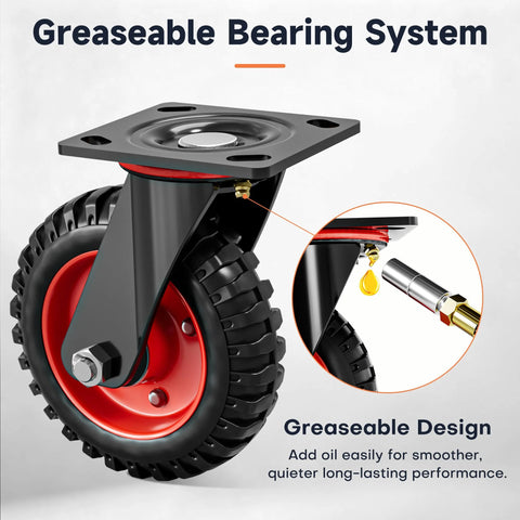6 Inch Caster Wheels Set Of 4 With 2 Swivel And 2 Fixed Casters, close-up of greasable bearing system on heavy duty rubber wheel