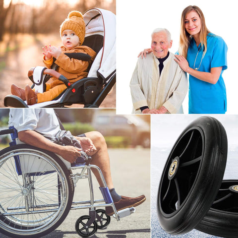 6 Pack 6 Inch Replacement Walker Wheels Kit With Bearings And Screws For Wheelchairs And Walkers Rubber Rollator Wheels Universal Fit Includes Tires And Hardware, shown in the bottom right of the collage.
