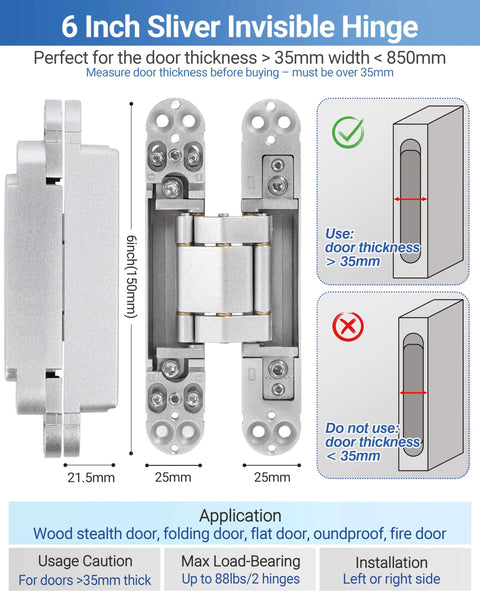 Diagram of Invisible Door Hinges Set 4 Pack 6 Inch Silver Concealed Hinges for doors with dimensions and installation guide.