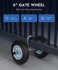 6" Heavy Duty Sliding Gate Wheel for Metal Tube Gate, 600 lb Capacity Chain Link Fence Gate Wheel attached to a black metal gate
