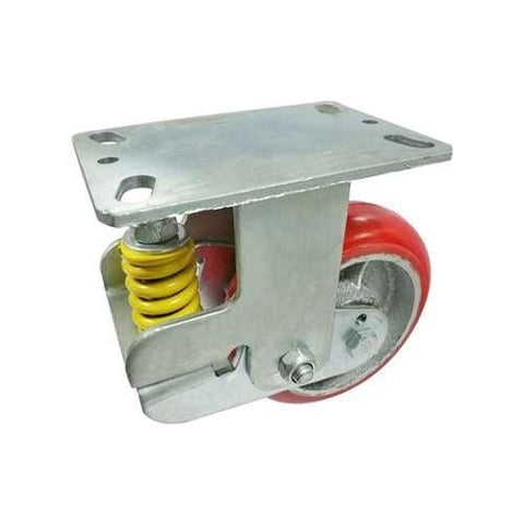 Roda com mola de 6" 661 Lbs PU fixo - Núcleo de aço fundido - Montagem em placa superior para cargas pesadas e mobilidade suave.