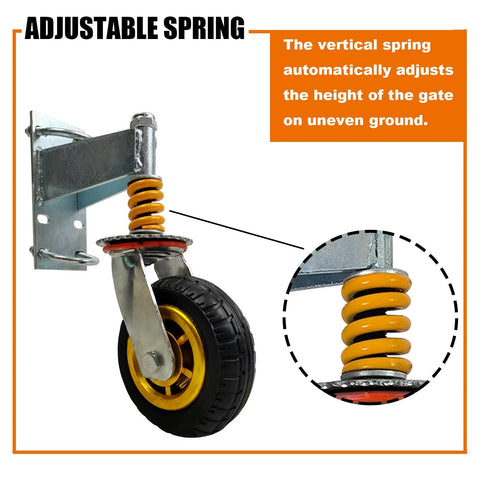 6 Inch Gate Caster Wheels For Metal Swing Tube Gate And Farm Wooden Fence Gate 360 Degree Swivel Spring Loaded With Auto Height Adjustment Prevents Sagging Heavy Duty 600 Lbs Capacity 2 Pack with adjustable vertical spring