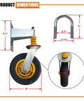 6 Inch Gate Caster Wheels For Metal Swing Tube Gate And Farm Wooden Fence Gate 360 Degree Swivel Spring Loaded With Auto Height Adjustment Prevents Sagging Heavy Duty 600 Lbs Capacity 2 Pack with mounting dimensions shown.