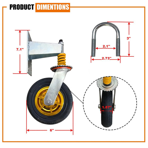 6 Inch Gate Caster Wheels For Metal Swing Tube Gate And Farm Wooden Fence Gate 360 Degree Swivel Spring Loaded With Auto Height Adjustment Prevents Sagging Heavy Duty 600 Lbs Capacity 2 Pack with mounting dimensions shown.