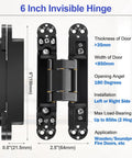 Specifications of Two Kit Set Of 6 Inch Stainless Steel Hidden Door Hinges for Doors With 180 Degree Swing, showing dimensions and load