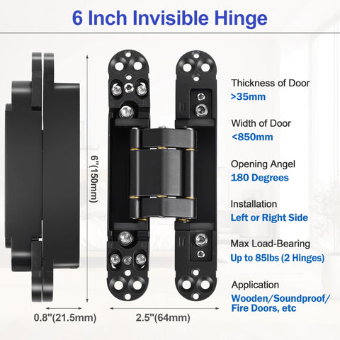 Specifications of Two Kit Set Of 6 Inch Stainless Steel Hidden Door Hinges for Doors With 180 Degree Swing, showing dimensions and load