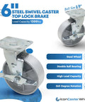 6 Inch By 2 Inch Steel Heavy Duty Industrial Casters Four Pack With Swivel Top Lock Brake Top Plate For Industrial Equipment Mobility 4800 Lbs Load Capacity Durable Performance On Tough Surfaces with steel wheel and top plate visible.