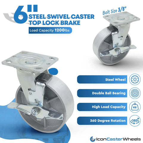 6 Inch By 2 Inch Steel Heavy Duty Industrial Casters Four Pack With Swivel Top Lock Brake Top Plate For Industrial Equipment Mobility 4800 Lbs Load Capacity Durable Performance On Tough Surfaces with steel wheel and top plate visible.