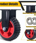 Six Inch Caster Wheels Set With Two Swivel And Two Fixed Heavy Duty Swivel Plate Casters Knobby Rubber Tread For Stable Grip On Workbenches Dollies Carts Trolleys Wagons And Chicken Coops Large Rubber Castors close-up view with hard rubber wheel and metal bracket.