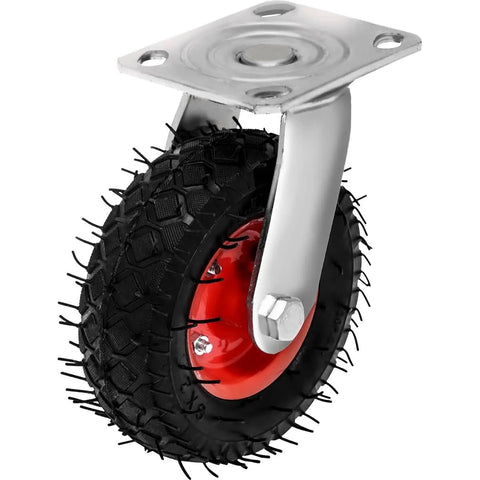 4 Pack 6 Inch Swivel Pneumatic Air Caster Wheels With Knobby Tread for industrial carts, shown side view, red rim, and metal support