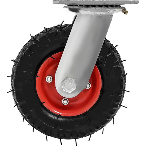 Close-up of a heavy-duty 4 Pack 6 Inch Swivel Pneumatic Air Caster Wheel with knobby tread and red hub for industrial use.