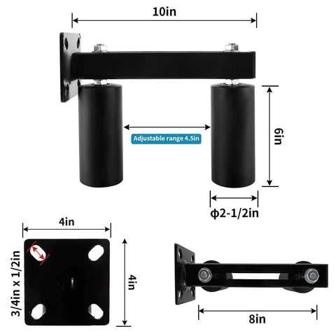 Slide Gate Guide Roller, 6" UHMW Hard Nylon Guider, Adjustable Sliding Gate Support Assembly front, side, and top view with dimensions