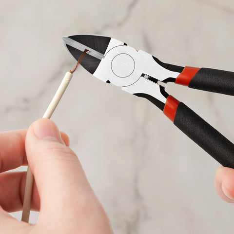 6 Inch Wire Cutters Heavy Duty Flush Cut Side Cutters Pliers trimming wire, close-up view in use