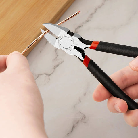 6 Inch Wire Cutters Heavy Duty Flush Cut Side Cutters Pliers cutting copper wire on marble table