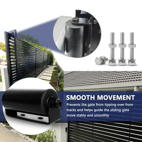 ✝️ 2Pack Slide Gate Guide Roller with C Post Welded Bracket, Hard Nylon Sliding Rolling Gates Guider, Heavy Duty Sealed Ball Bearing Side Roller Assembly shown with screws and gate installation example