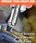 Close-up of Luckwagon Upgraded 6 Jaw Lock On Grease Gun Coupler attached to a zerk fitting with non-slip double handle.