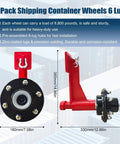Container Wheel Kit With 6-Lug Axles And Heavy Duty Ratchet Tie Downs For Moving 20 To 40-Foot Shipping Containers displayed with dimensions and features.
