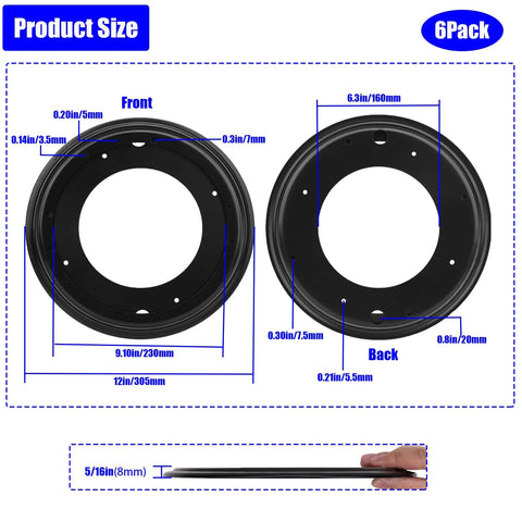 Diagram showing measurements of 6 Pack 12 Inch Lazy Susan Bearings Heavy Duty 5/16 Inch Thick Turntable Bearing Swivel Plate, front and side view.
