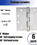 6-Pack 4.5 inch X 4.5 inch Heavy Duty Commercial Door Hinge Thickened, with Silent Steel Plain Ball Bearing, Thickness 3 mm Stainless Steel Door Hinges, Square Corners with 48 Screws, Silver, package includes six hinges and screws display
