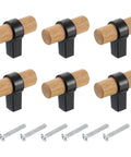 6 Pcs T Bar Wooden Drawer Pulls Beech Wood With Black Finish Single Hole Dresser Knobs Includes M4x25mm Screws