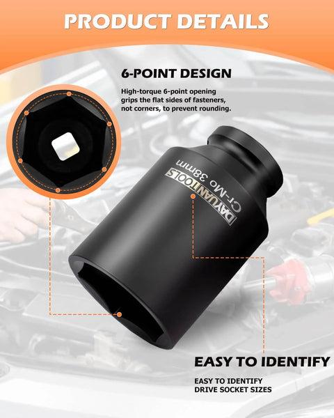 Close-up of 9 Pcs Axle Nut Hub Impact 1/2" Drive Socket 38mm showing 6-point design with vehicle background