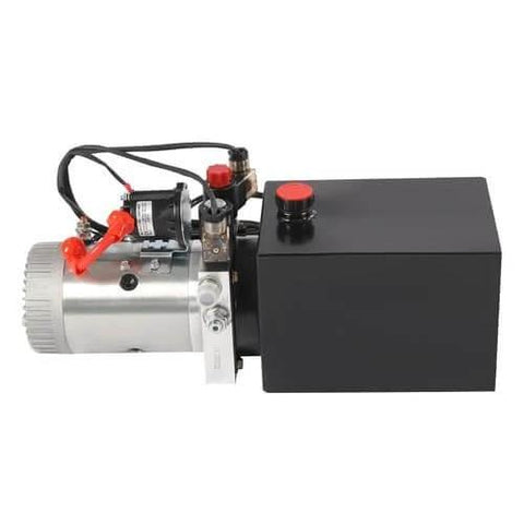 6 Quart Double Acting Hydraulic Pump 12V Hydraulic Power Unit, 3KW Motor, side view, used for electric forklifts and dump trucks.