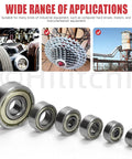 Deep Groove Ball Bearing Assortment Kit, 60 Pieces In 6 Sizes, displayed with various applications in industrial equipment.