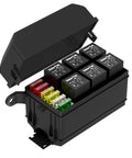 6-Slot ATC/ATO Fuse And Relay Box Kit For Truck And Boat, 12V Relay Panel open view with six relays and fuses visible