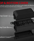 Exploded view of 6-Slot ATC/ATO Fuse And Relay Box Kit for truck and boat, showing top and bottom covers, durable and waterproof.