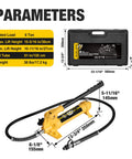 6 Ton Porta Power Kit Hydraulic Ram Pusher Puller For Auto Body Frame Repair In Garage Or Shop With Blow Mold Carrying Storage Case With Pro Grade Leak Proof And Rust Proof Heavy Duty Steel Yellow Jacket. Image shows black carrying case and yellow hydraulic pump with measurements.