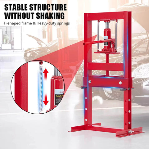 6 Ton Hydraulic Shop Press with Plate, Adjustable H-Frame, red color, close-up of spring mechanism, for car repair garage use