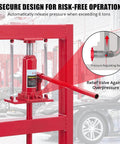 6 Ton Hydraulic Shop Press with Plate, showing relief valve and pressure release feature in red adjustable H-Frame for garage use