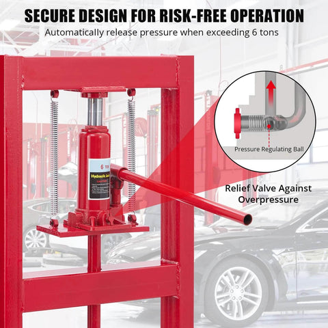 6 Ton Hydraulic Shop Press with Plate, showing relief valve and pressure release feature in red adjustable H-Frame for garage use