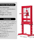 6 Ton Hydraulic Shop Press with Plate, Adjustable H-Frame, red benchtop design, specifications and dimensions displayed