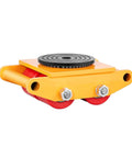 Side view of 6 Ton Machine Skate Dolly with 360 degree rotating cap, rated for 13228 lbs, yellow steel body, PU directional rollers