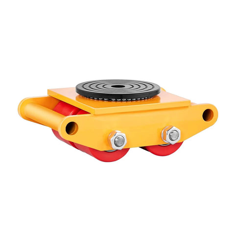 Side view of 6 Ton Machine Skate Dolly with 360 degree rotating cap, rated for 13228 lbs, yellow steel body, PU directional rollers