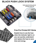 6 Way 12V Waterproof Fuse Box Holder With LED Indicator shown with labels and close-up of black push lock system.