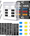 6 Way 12V Waterproof Fuse Box Holder With LED Indicator, black base with colored fuses, label sheet, and mounting screws