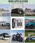 6 Way Marine Fuse Block Waterproof 12V And 24V with LED indicator shown alongside vehicles like RVs, trucks, and golf carts.