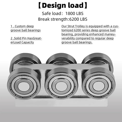 6 Wheel Trolley Assembly M5 Thread Rollers Four Bearing Trolley Assembly showcasing four custom deep groove ball bearings