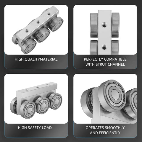✝️ 6 Wheel Trolley Assembly M5 Thread Rollers with Four Bearings for 1-5/8" Strut Channel, designed for smooth motion and stability
