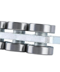 Close-up view of 6 wheel trolley assembly rollers with heavy duty bearing for 1-5/8 inch strut channel, galvanized steel construction.