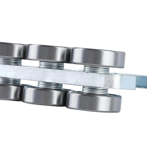 Close-up view of 6 wheel trolley assembly rollers with heavy duty bearing for 1-5/8 inch strut channel, galvanized steel construction.