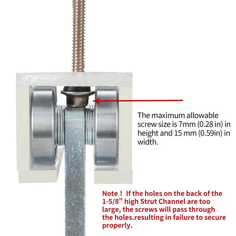 Close-up of 6 Wheel Trolley Assembly Rollers for 1-5/8 Inch & Taller Strut Channel, showing screw clearance top.