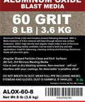 60 Grit Aluminum Oxide Sand Blasting Abrasive Media 8 Pound Bag label showing product details and safety instructions.