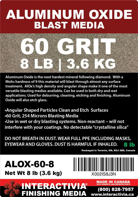 60 Grit Aluminum Oxide Sand Blasting Abrasive Media 8 Pound Bag label showing product details and safety instructions.